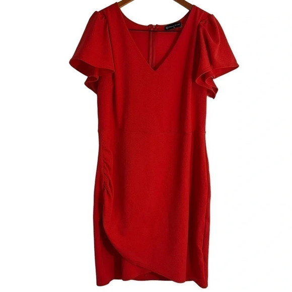 Fashion to Figure Coral Pink Orange Dress 2X V Neck Short Sleeves Ruched Side - Picture 1 of 7